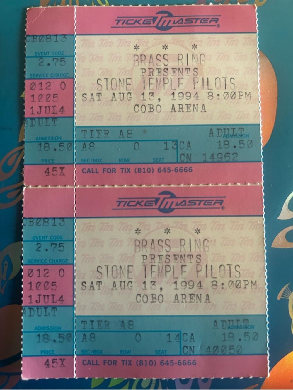 Vintage 1994 Stone Temple Pilots Concert Ticket Pair Cobo Arena Detroit Grunge